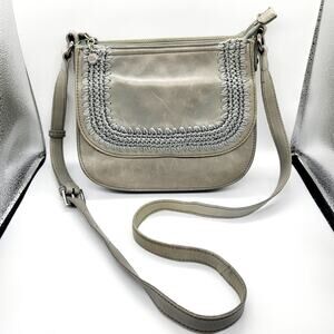 Vtg The SAK Gray Leather Playa Saddle Bag Crossbody Crochet Boho Purse Bag Sz M